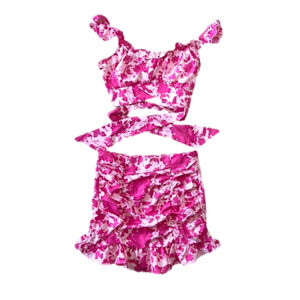 Size large pink two piece floral set with cropped top and skirt